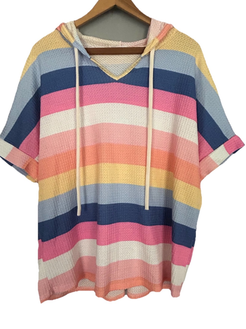Bombom Burst of Pastel Striped Hooded Shirt Women’s Size Large